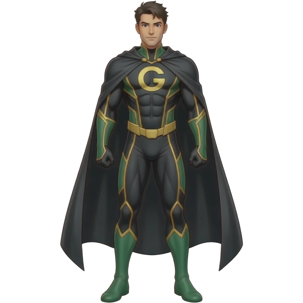 Anime superhero suite black men green and gold lines long black cape and letters G on the suite very tall full body emoji
