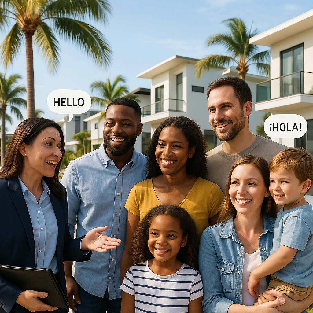 Foto hiper realista que refleje a nuestro cliente ideal de real estate: Profesionales y familias en transición Que desean mudarse a Miami o adquirir una segunda residencia, guiados por un equipo que habla su idioma —literal y figurativamente. emoji