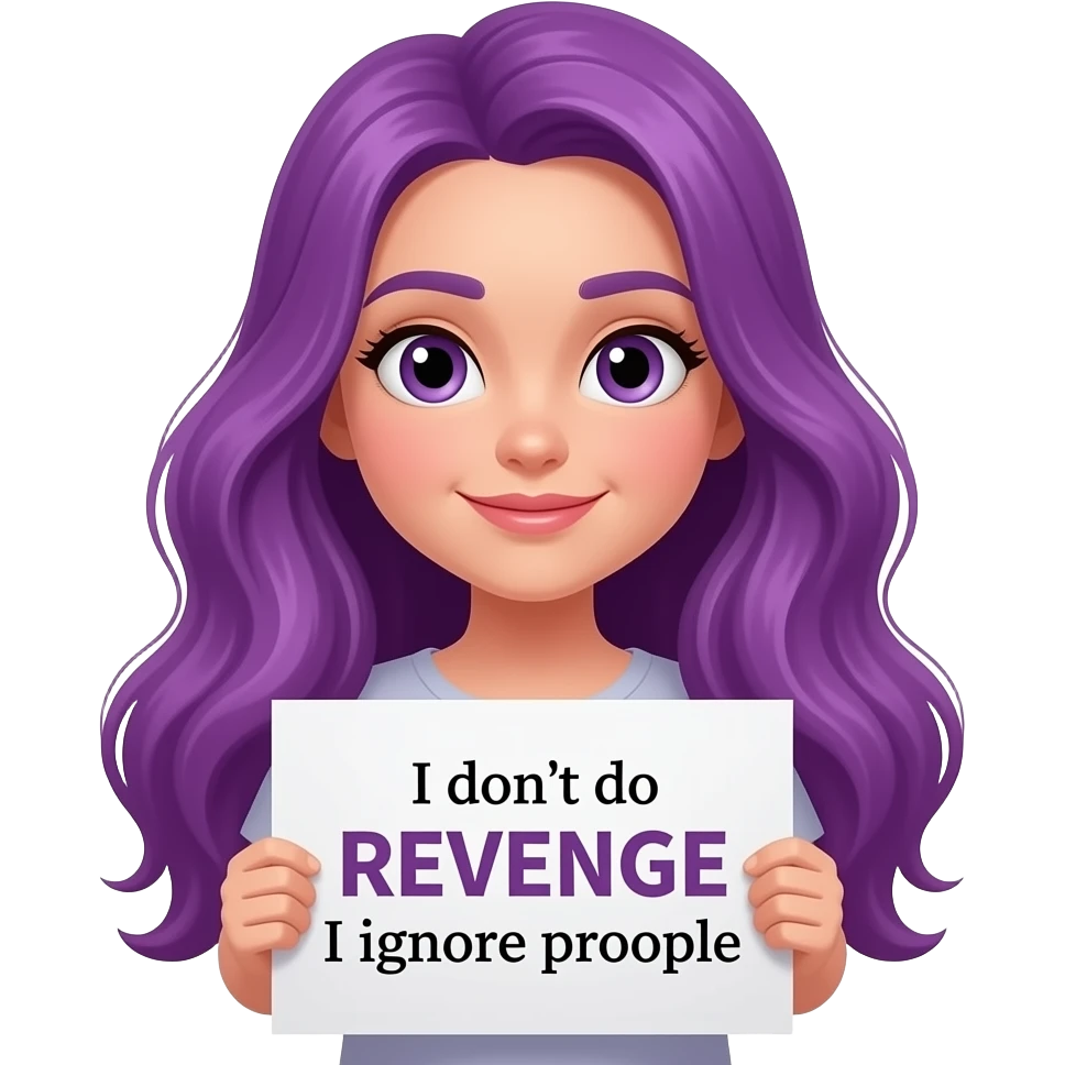 girl with long purple hair holding a I don't do REVENGE I ignore prople sign emoji