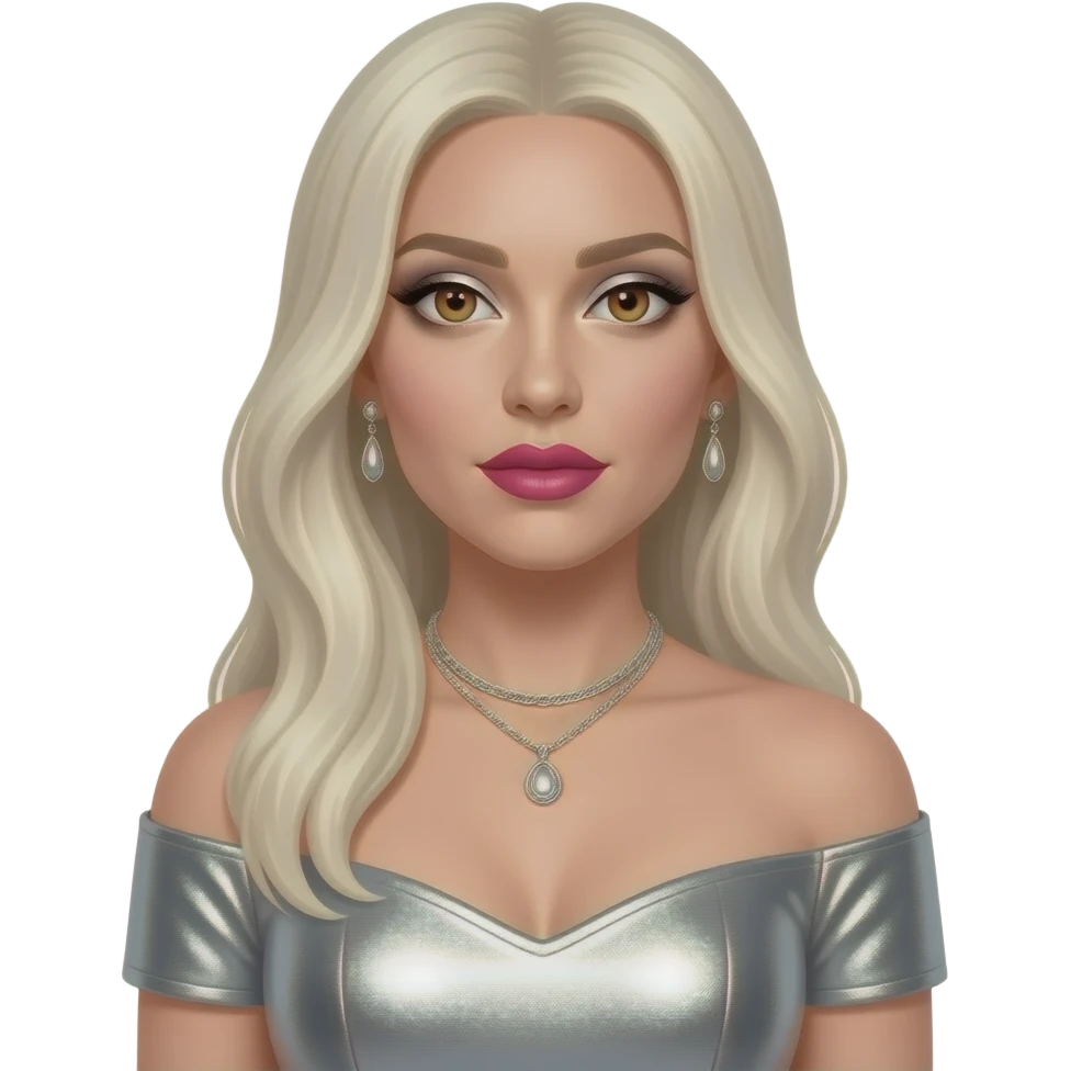 Lady Gaga with hazel eyes, long platinum blonde hair, silver eyeshadow, hot pink lipstick, silver metallic off shoulder dress, silver necklace and earrings emoji