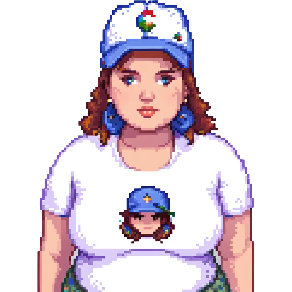 A plus-size woman with a cap that says "Komarova" in a pixel art style. emoji