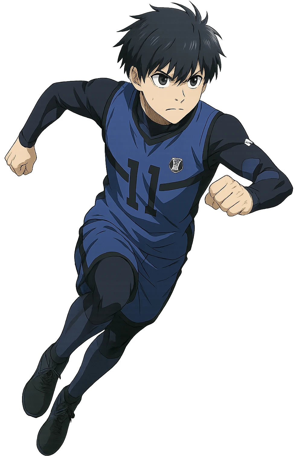 Yoichi Isagi from Blue Lock, anime style, blue hair, determined expression, soccer uniform, dynamic pose, no background emoji