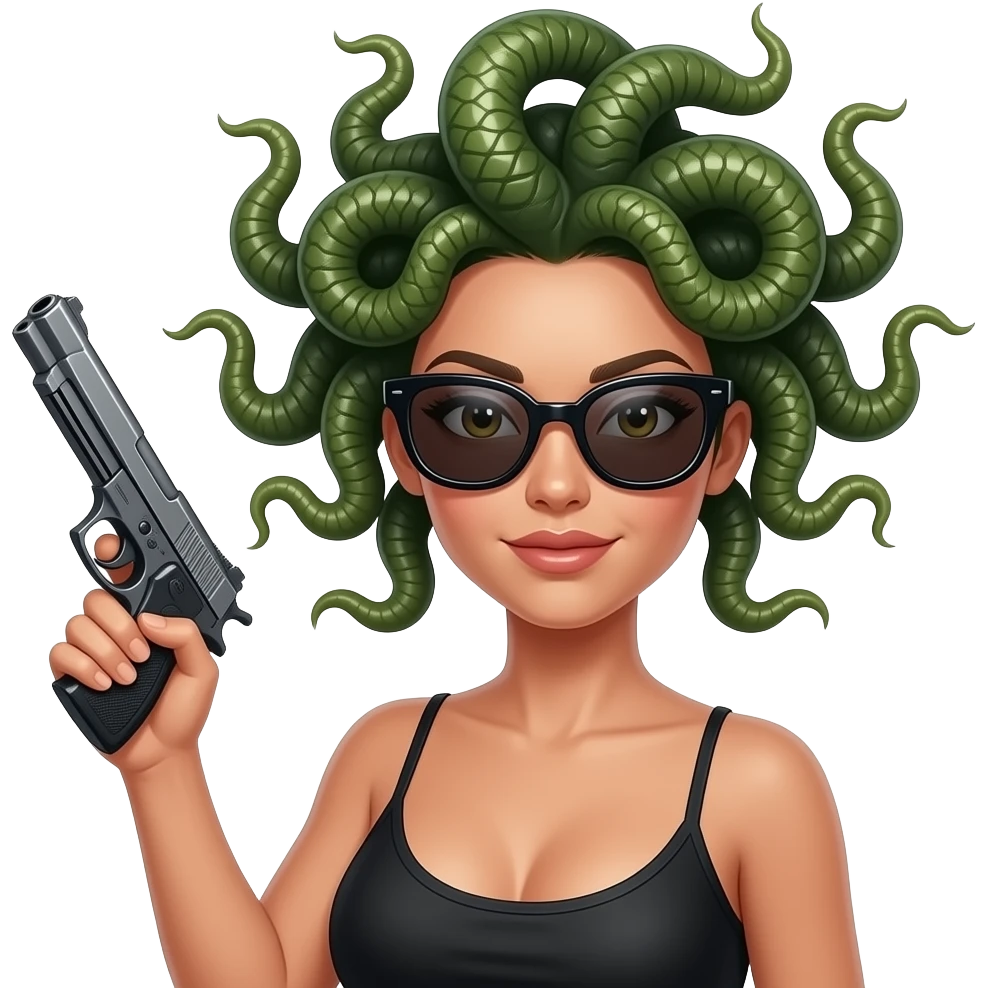 Flirty Beautiful Medusa with sunglasses holding gun emoji