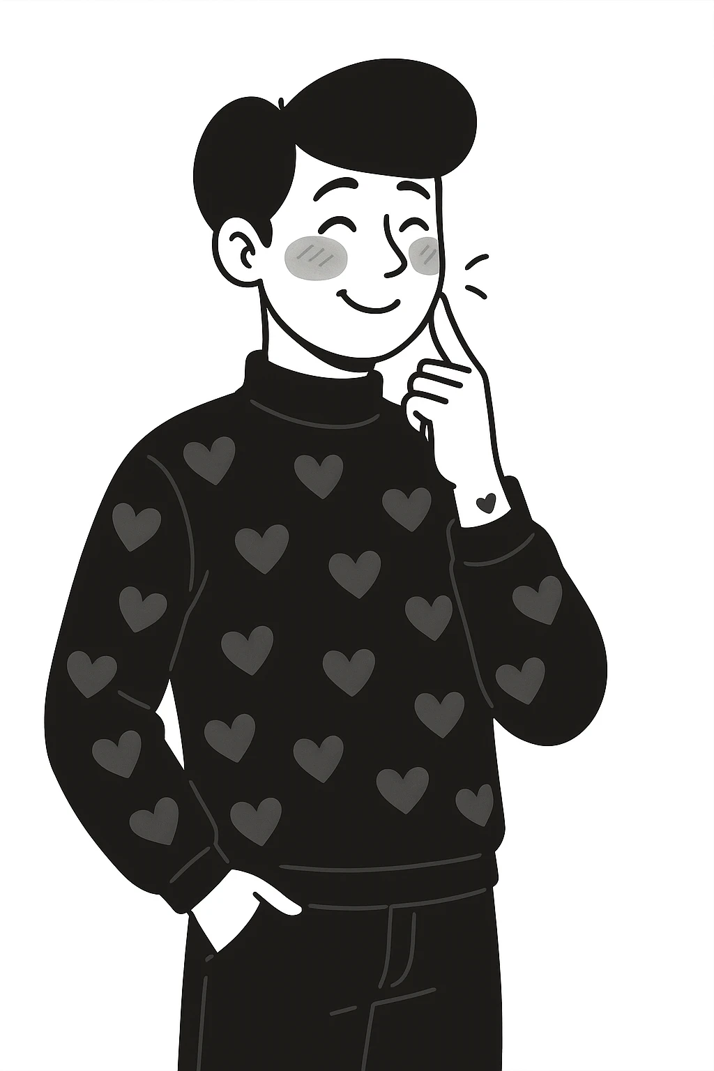 Make the handsome black-haired guy smile more, keeping his dreamy, flushed look and subtle romantic hints that his boyfriend is the cause of his low blood pressure. emoji