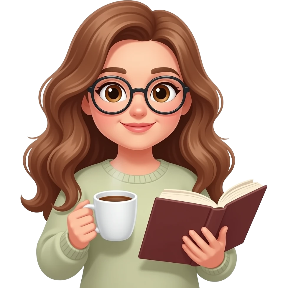 detailed emoji illustration of a curvy woman with long light brown wavy hair, light brown eyes and round glasses reading a book while holding a cup of coffee, cozy reading vibe, cute emoji style emoji