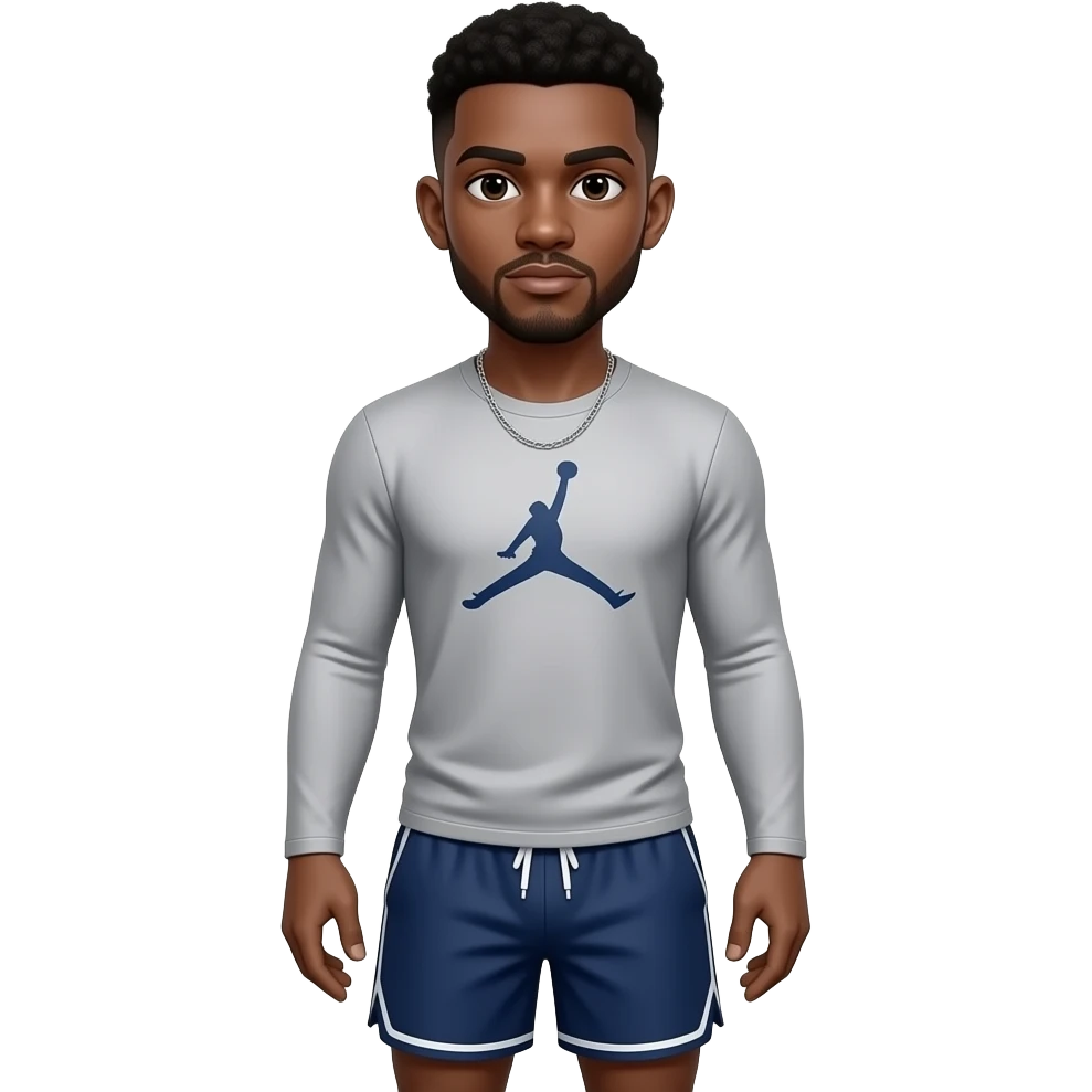 make a black skinned 22 year old with a low taper fade NO BEARD wearing a thin long sleeve  with jordan shorts and make sure he looks athletic with a very thin silver chain with nothing on it emoji