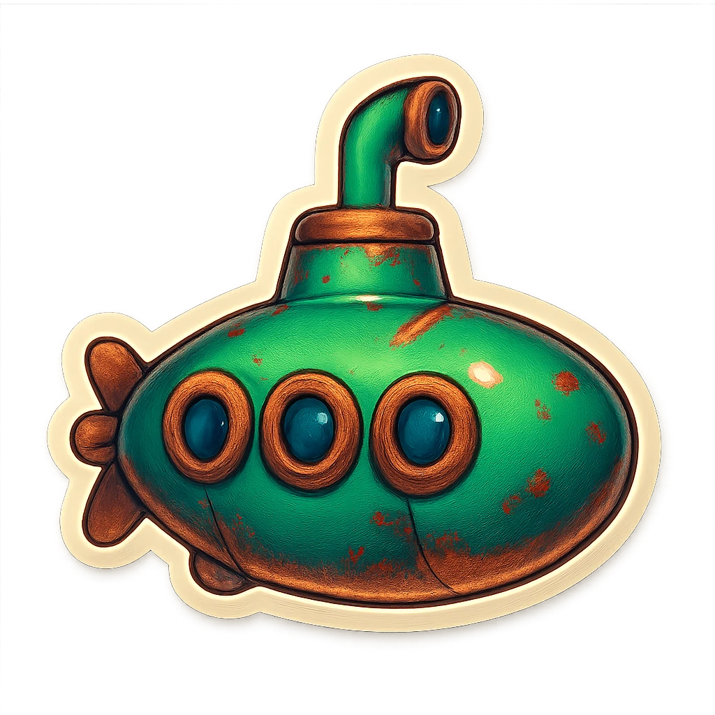 A submarine icon in a retro style, with a green body, rust details, and a vintage periscope on top. emoji