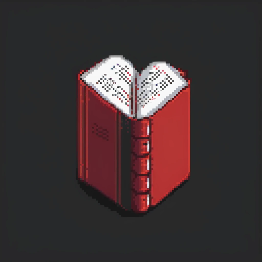 pixel art floating red book with pages turning, dark background emoji