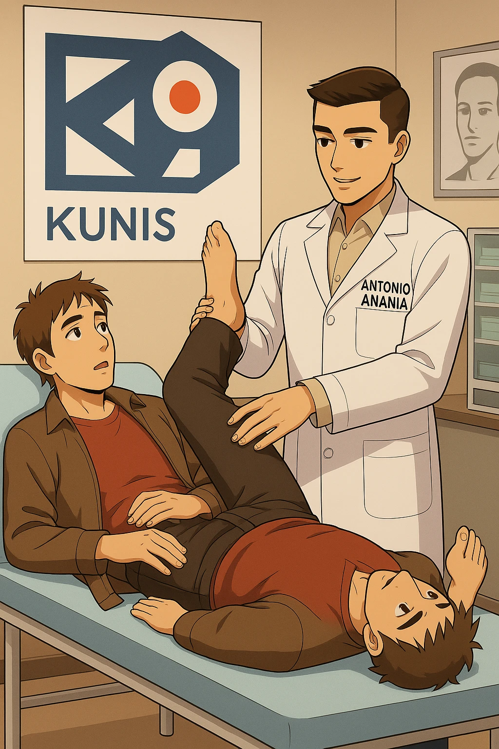fai un webtoon manga a colori con questo stile, in cui un uomo è steso sul lettino medico e il kinesiologo con il camice bianco (fagli anche la scritta "ANTONIO ANANIA" SUL CAMICE, gli solleva una gamba per fargli il test neuromuscolare, IL KINESIOLOGO SPIEGA ALL'UOMO UNA cosa mentre gli alza la gamba. non fare i fumetti però, fai solo in modo che sembri stiano parlando, il lettino fai in modo che si veda tutto intero emoji