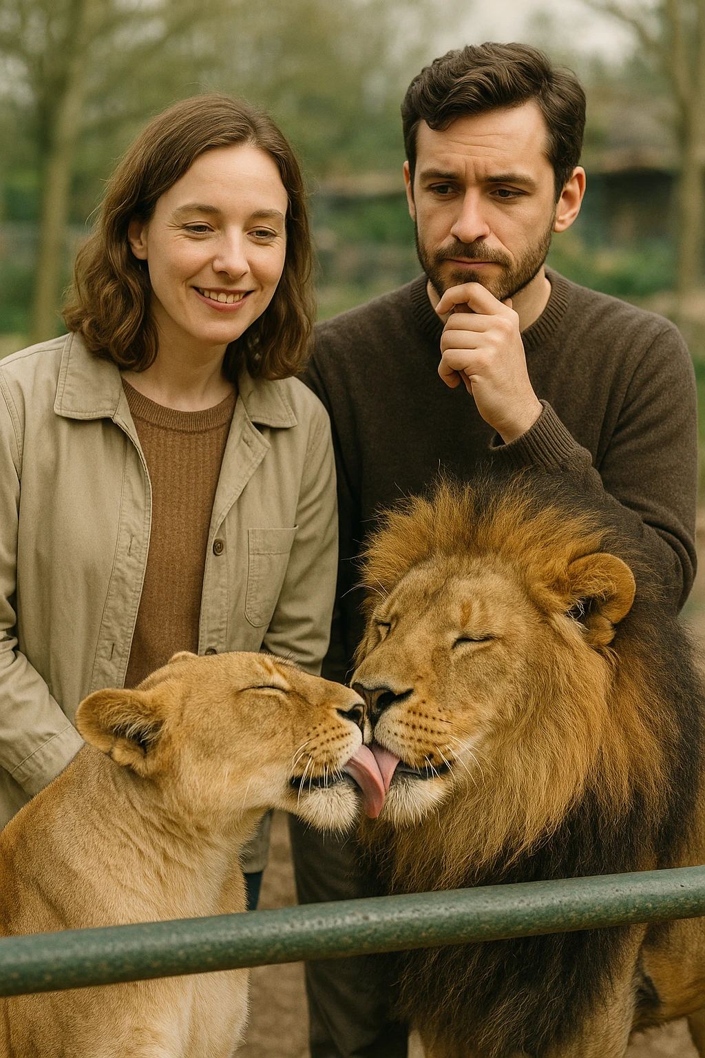 Vertical format: A couple at a zoo observing two lions affectionately licking each other, the woman smiling and the man mentally taking notes, atmosphere of curiosity. emoji