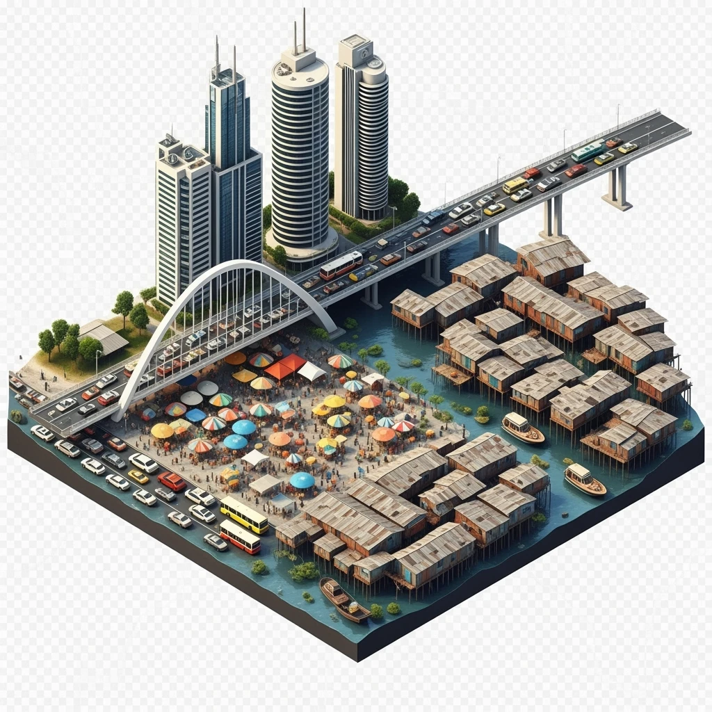 Isometric miniature of Lagos Lekki-Ikoyi Bridge, Eko Atlantic skyscrapers, Makoko slums, tin-roof shacks, chaotic markets, gridlocked traffic, 3D miniature effect and Tilt Shift effect, no cartoonish look, transparent background, don't cut angles emoji
