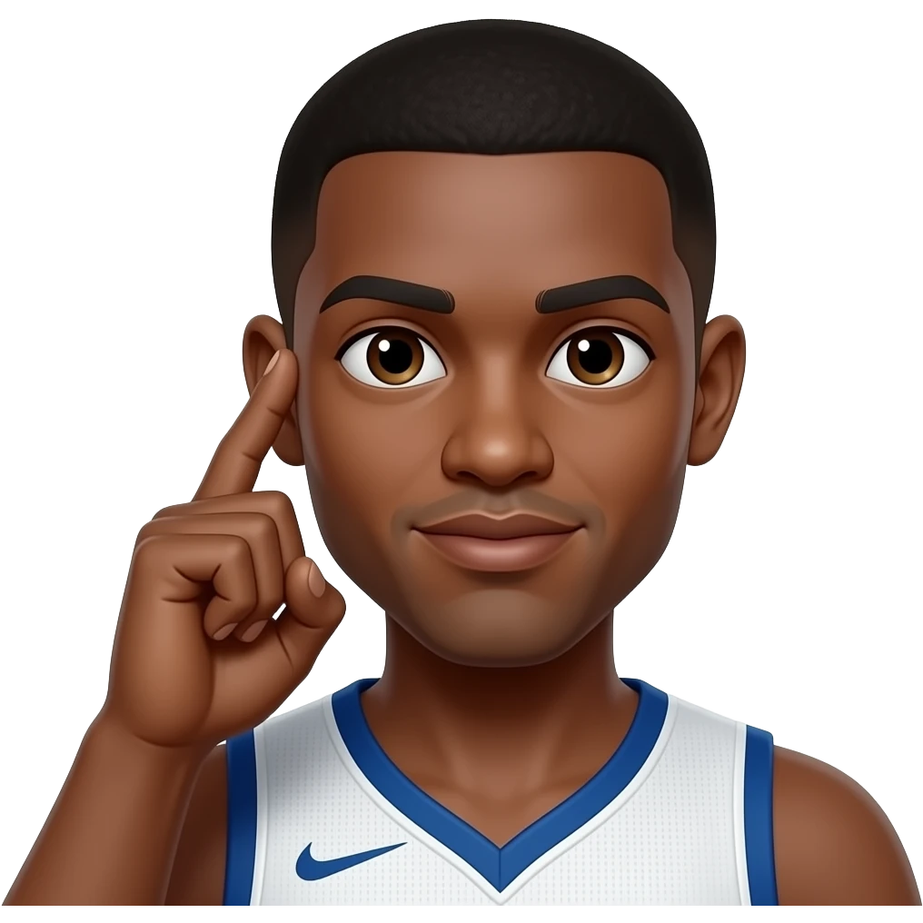 Make the mans skin light brown and a basketball player with his first and middle fingers held up to his right ear and his thumb held on his lips like a phone emoji