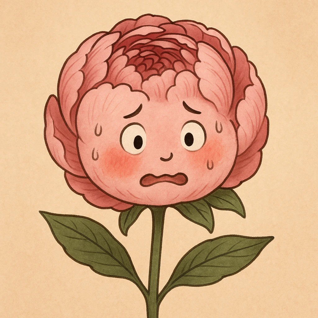 round pink peony flower, rosy cheeks, nervous expression emoji