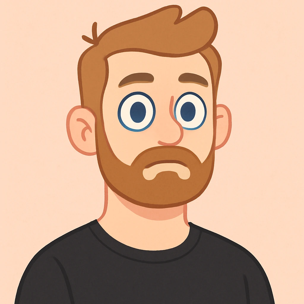 man with short light brown hair styled upward, beard and mustache, fair skin, large blue eyes, neutral facial expression, wearing black shirt, soft pastel illustration style emoji