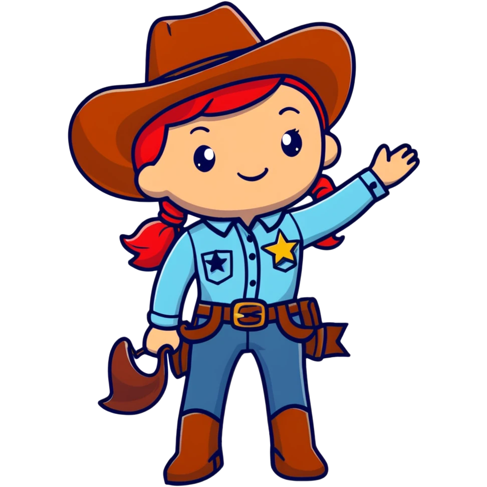 A cartoon stuffed cowgirl toy with freckles, red hair and a star-shaped badge emoji