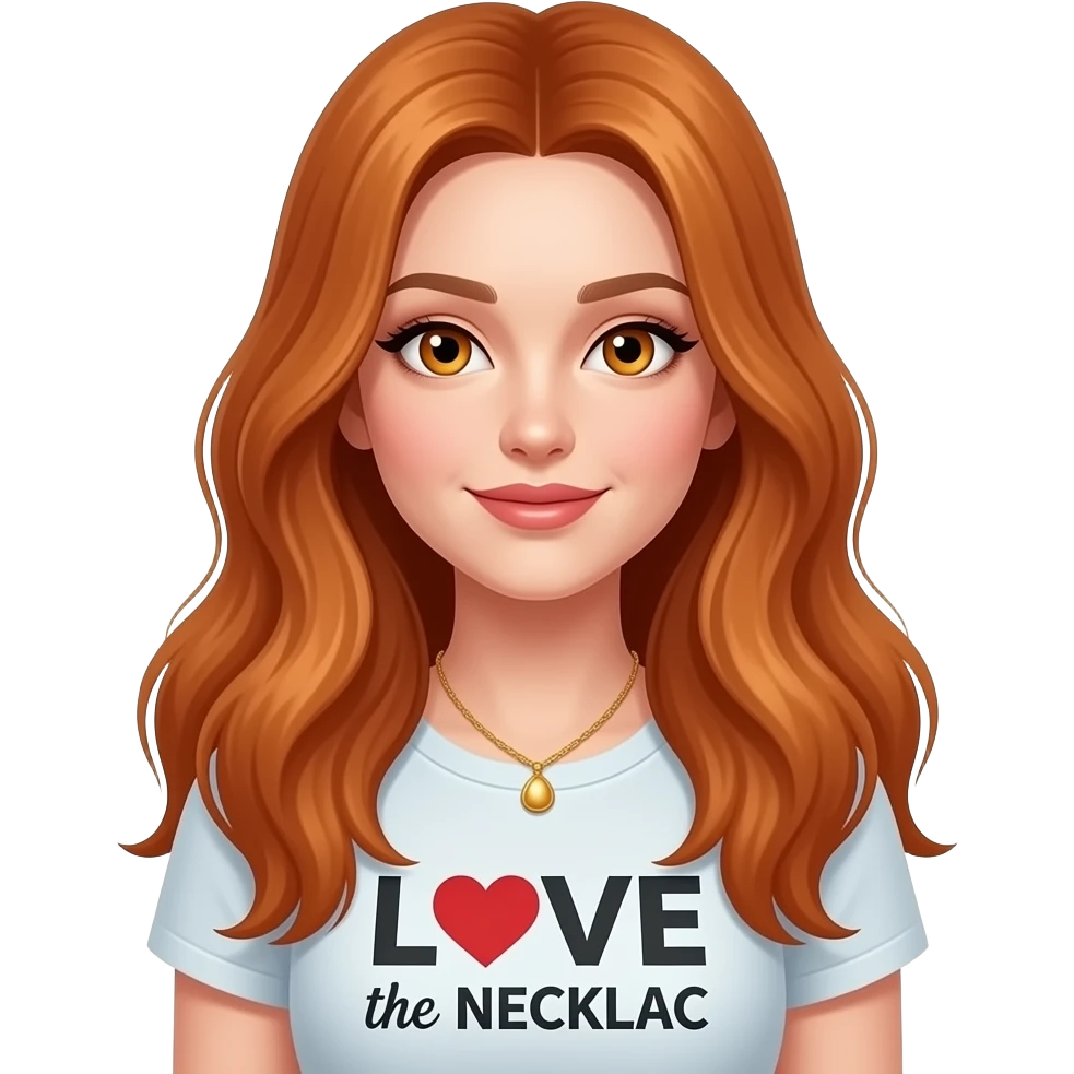 sexy girl with overlong ginger hair and ginger eyes a top with LOVE the NECKLACE written on it emoji