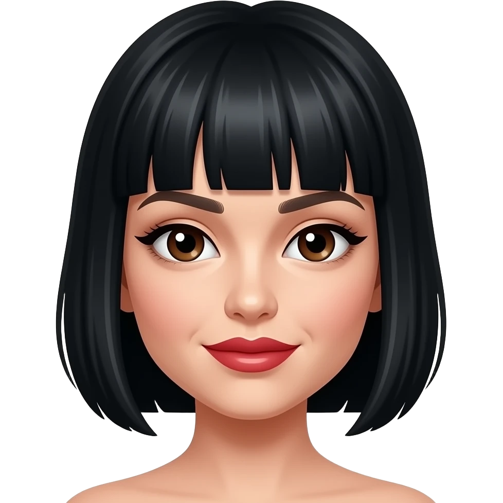 White chick with dark brown eyes with a black bob with no fringe with extremely thin lips with red lipstick emoji