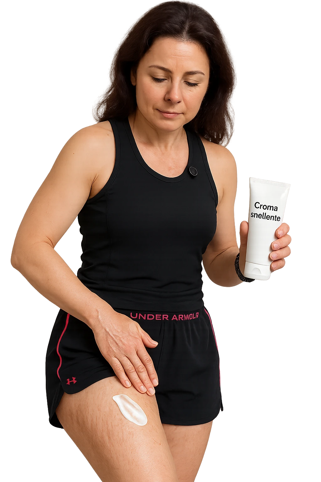 Donna con cellulite sulle cosce che usa una crema chiamata "Crema snellente" senza mano in alto emoji