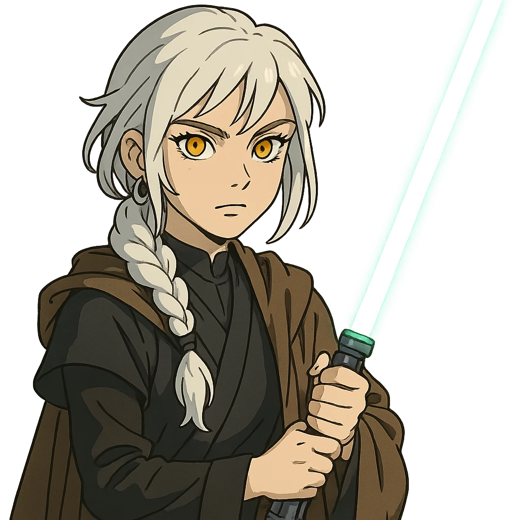  a closeup portrait of young woman with gold yellow eyes, white hair, long braid, black off-shoulder top, punk gothic style, futuristic cyberwave cyberpunk,  jedi attire and posture robes of a padawan, foreweilding a bright blue-green lightsaber emoji
