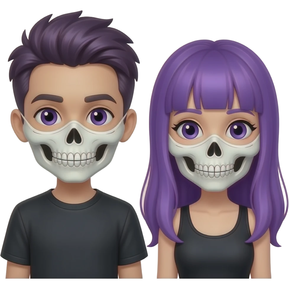 BOY AND GIRL WITH LONG PURPLE HAIR WEARS A SKULLMASK emoji