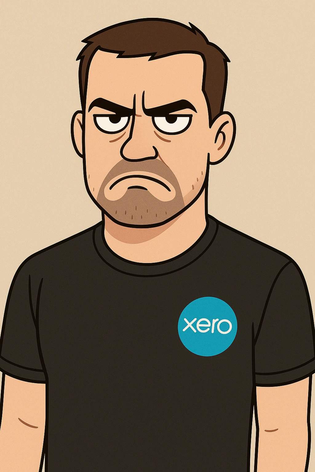 Create a cartoon style image of a man with short brown hair, wearing a black Xero t-shirt, with a not amused expression. Use a simple background. emoji