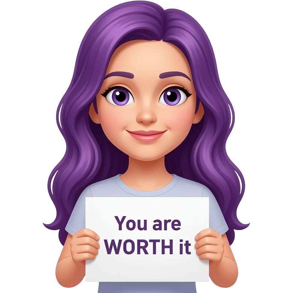 girl with long purple hair holding a You are WORTH it sign emoji