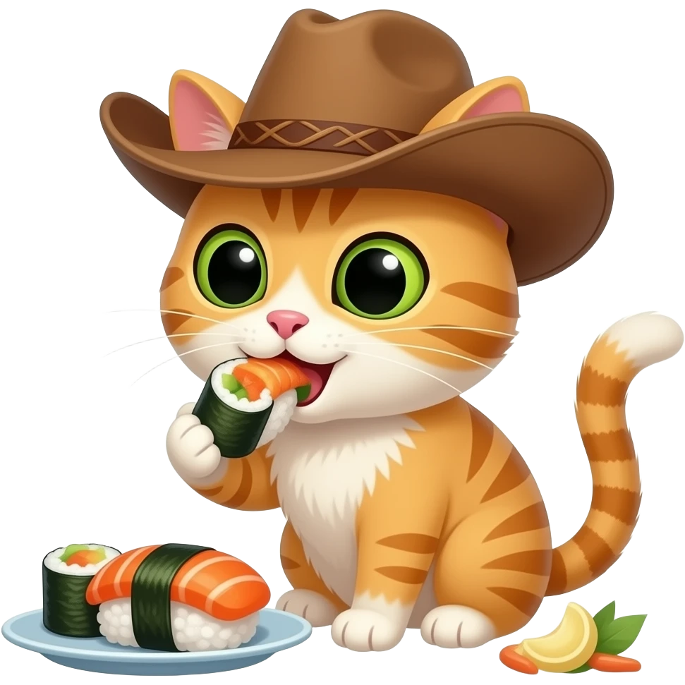 a cat eating sushi wearing a cowboy hat emoji