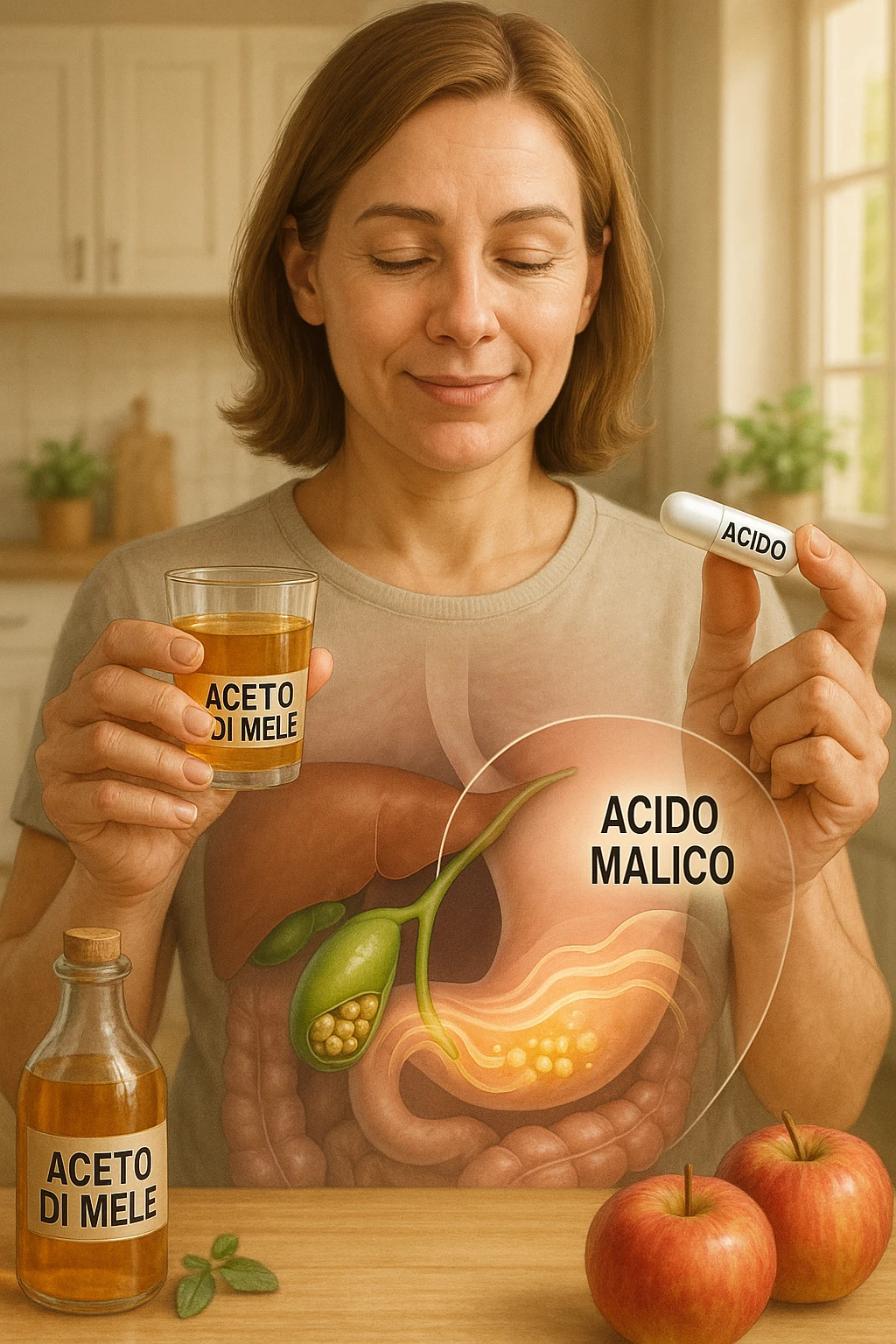 A detailed, realistic illustration or photo-style image showing a person holding a small glass of apple cider vinegar in one hand and a capsule labeled ‘Acido Malico’ in the other. In the foreground or as an overlay, a semi-transparent anatomical view of the abdomen highlights the gallbladder with visible small gallstones inside. Around the gallstones, gentle glowing waves or soft dissolving effects symbolize the softening or breakdown of the stones due to the natural acids. The person looks hopeful and calm, in a bright kitchen setting with fresh apples and natural health products on the counter. The overall mood is informative, natural, and hopeful about non-invasive, natural support for gallstone health in italiano emoji