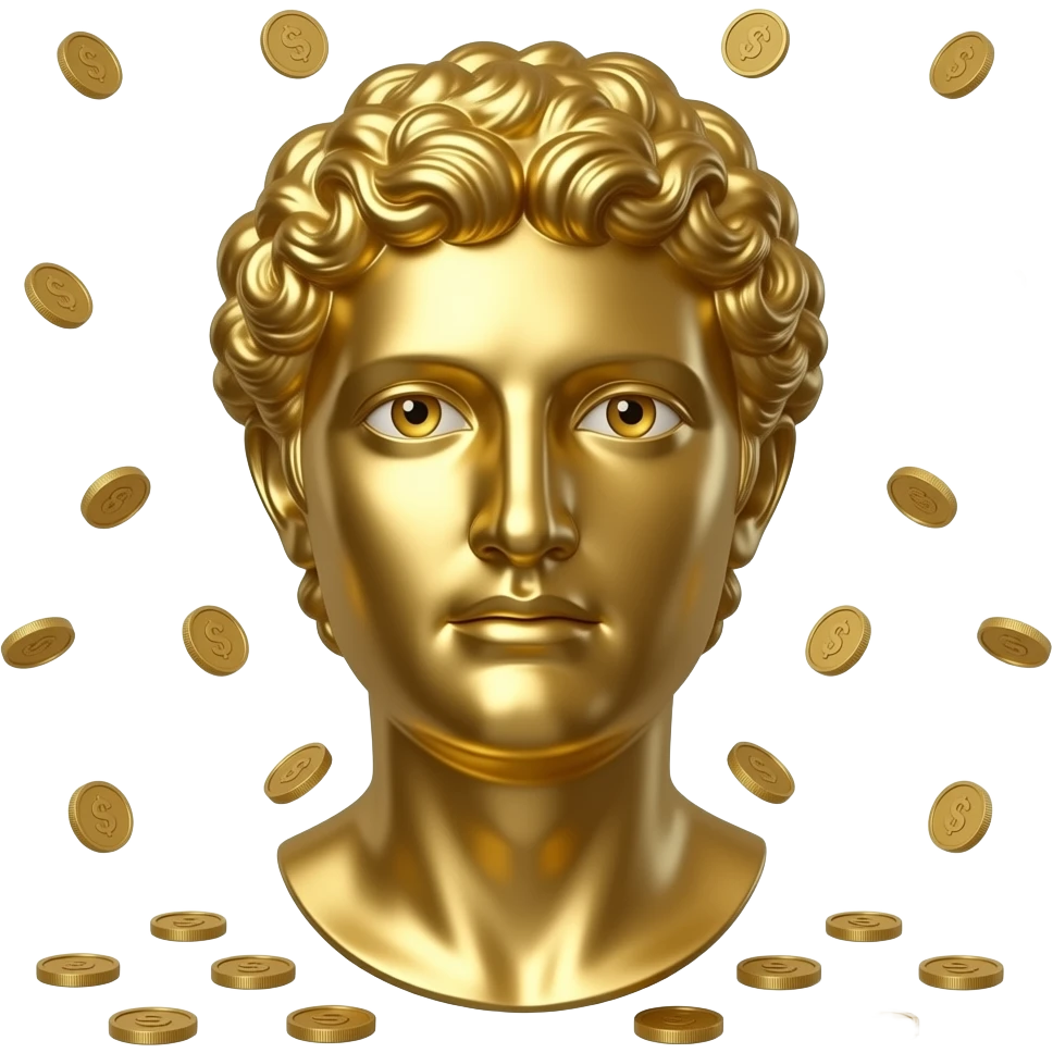 create a all chrome colored greek statue head with money coins falling in the background emoji