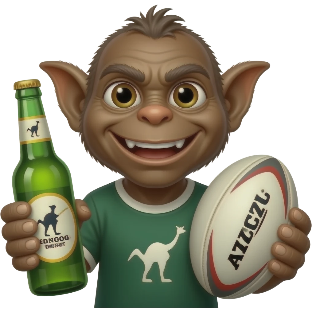 Gremlins marrons  avce une bouteille de bière à la mains et un ballons de rugby Et un kangoo derrière emoji