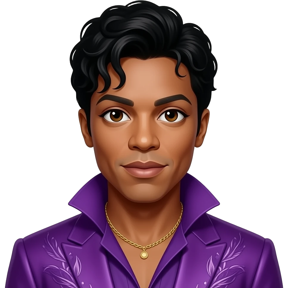 Prince Rogers Nelson with dark brown eyes, black hair, purple pop idol outfit emoji