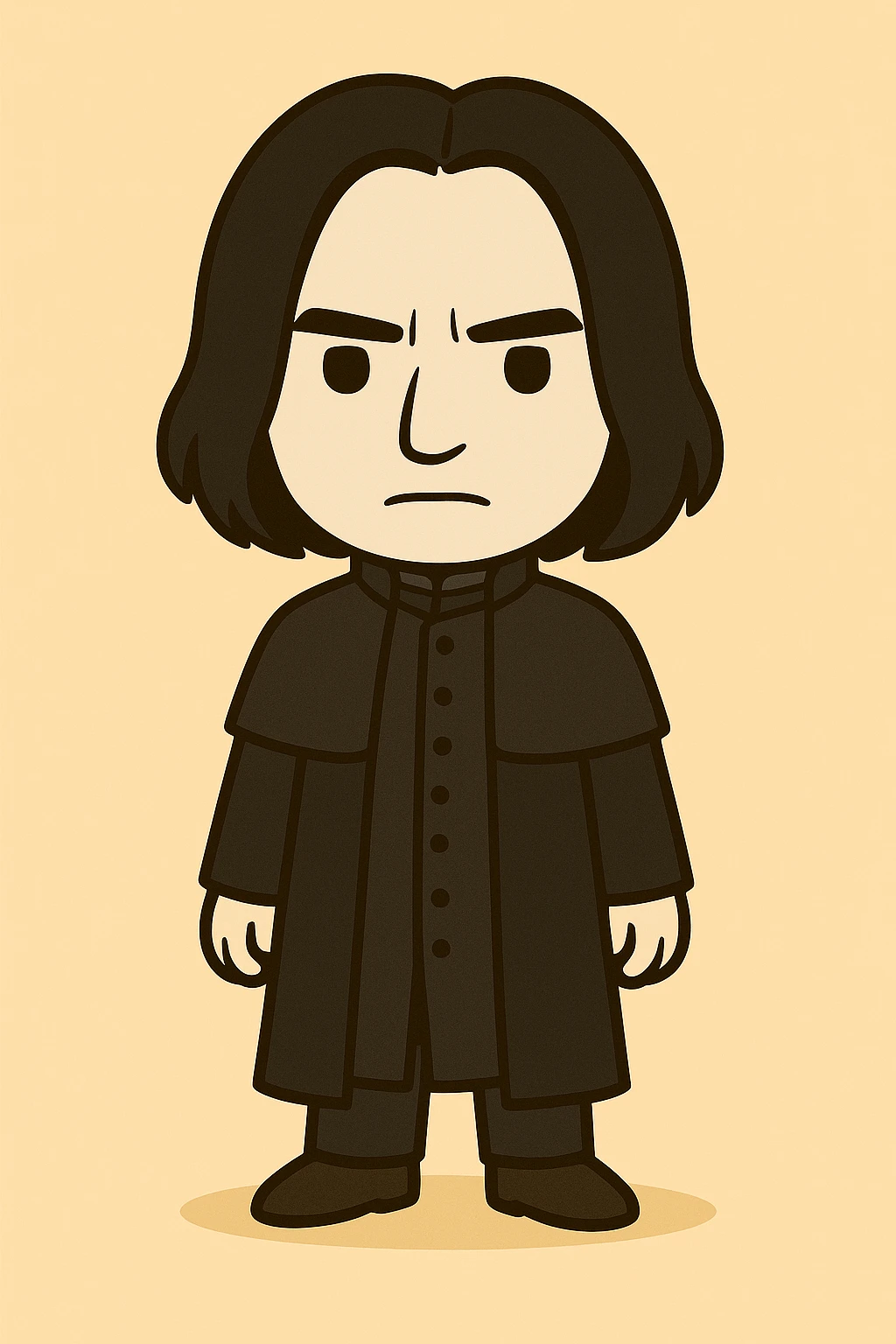 Full body illustration of Severus Snape in a cute, cartoon, simplified style similar to the Voldemort example. Add more details to the clothing: long black tunic with front buttons, high closed collar, extra fabric layer on shoulders like a short cape, long fitted sleeves, and a dark vest underneath. Use bold black lines and soft colors. emoji