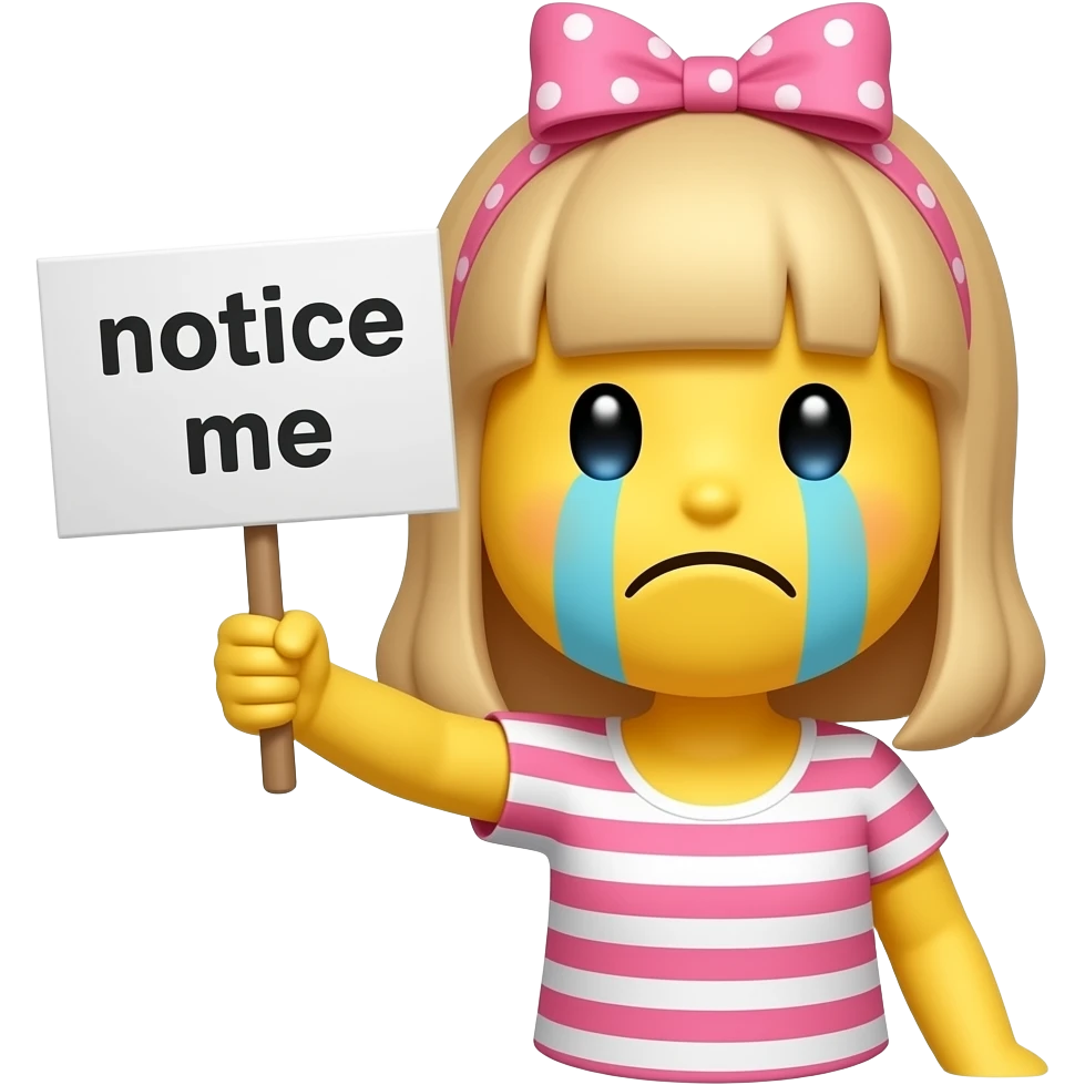Yellow smiley with pink hairbow sad holding up a sign that says "notice me" emoji
