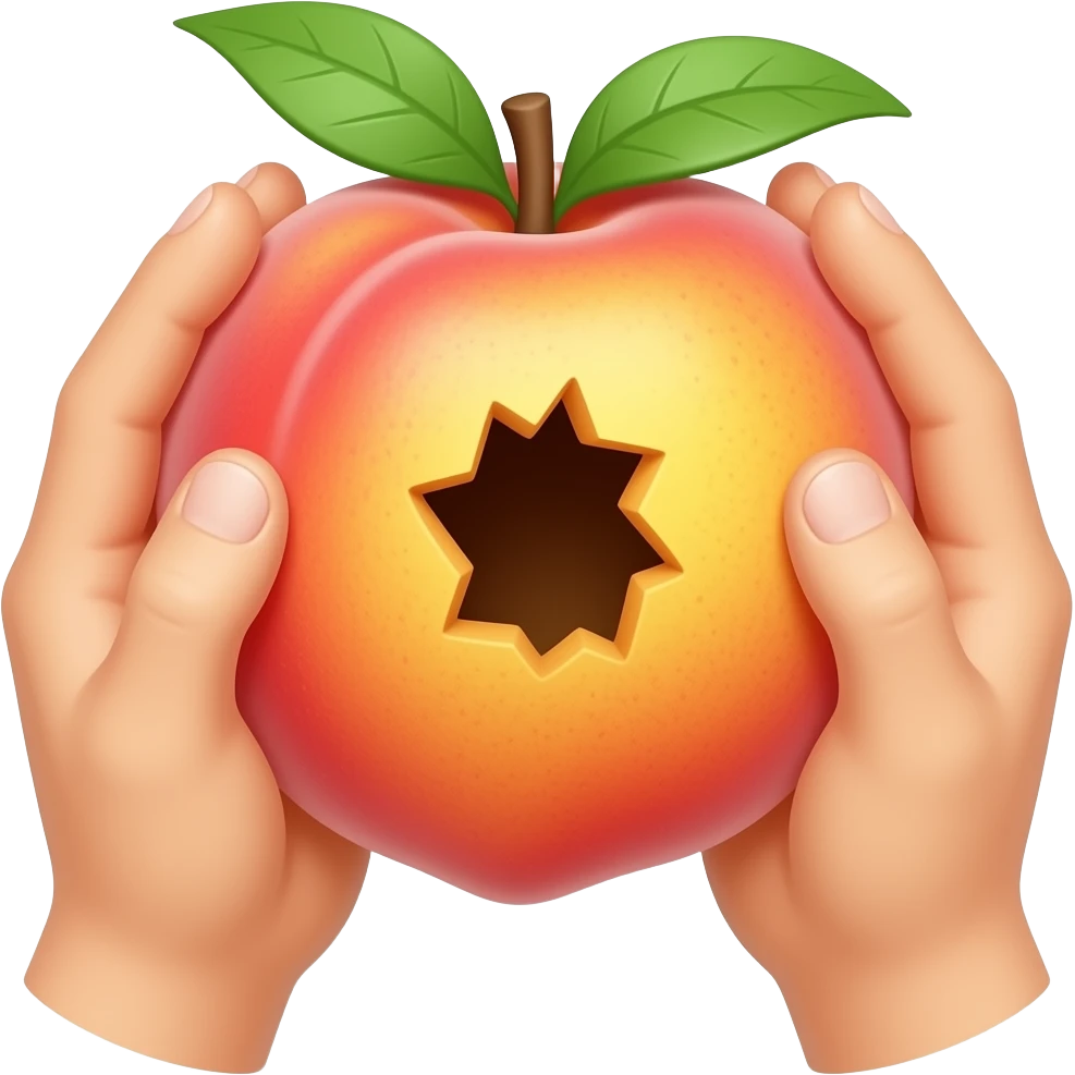 Erstelle ein Emoji von einem Pfirsich mit einem Loch in der Mitte an der außenschale, das Loch kleine Öffnung soll mitten zwischen den Spalt vom Pfirsich liegen. zwei Hände sollen den Pfirsich an den Seiten greifen und das Loch im Pfirsich etwas öffnen emoji