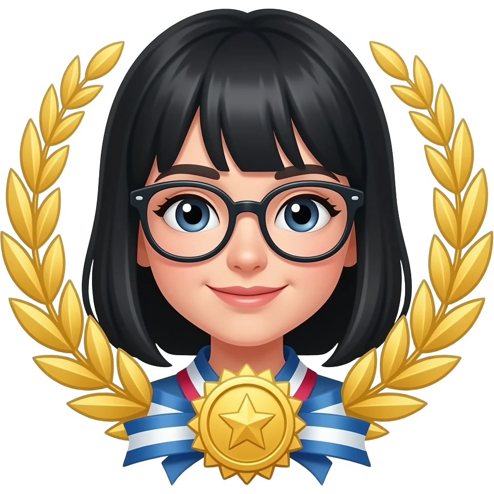 black haired girl wearing glasses with prizes emoji