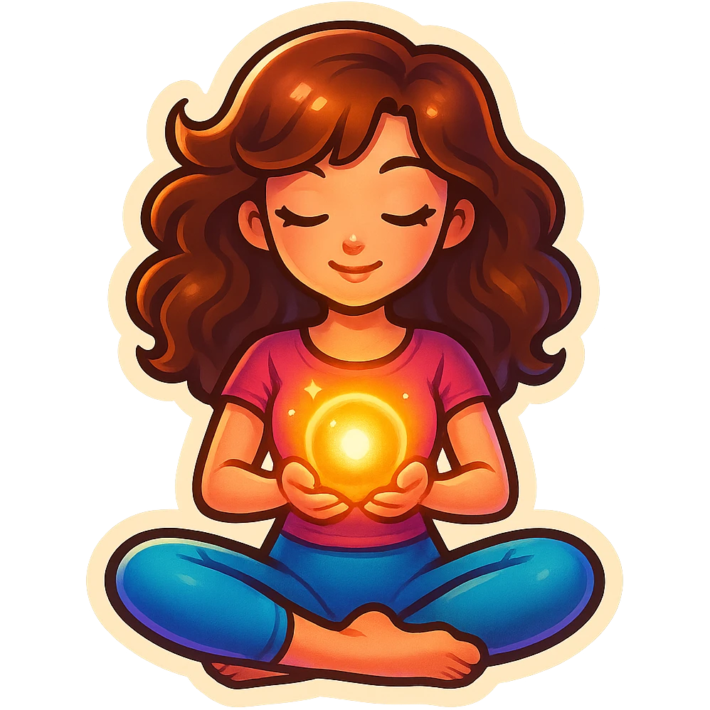 detailed, cute, feminine girl in lotus pose holding glowing energy orb, retro stickers style with shadows and highlights, transparent background emoji