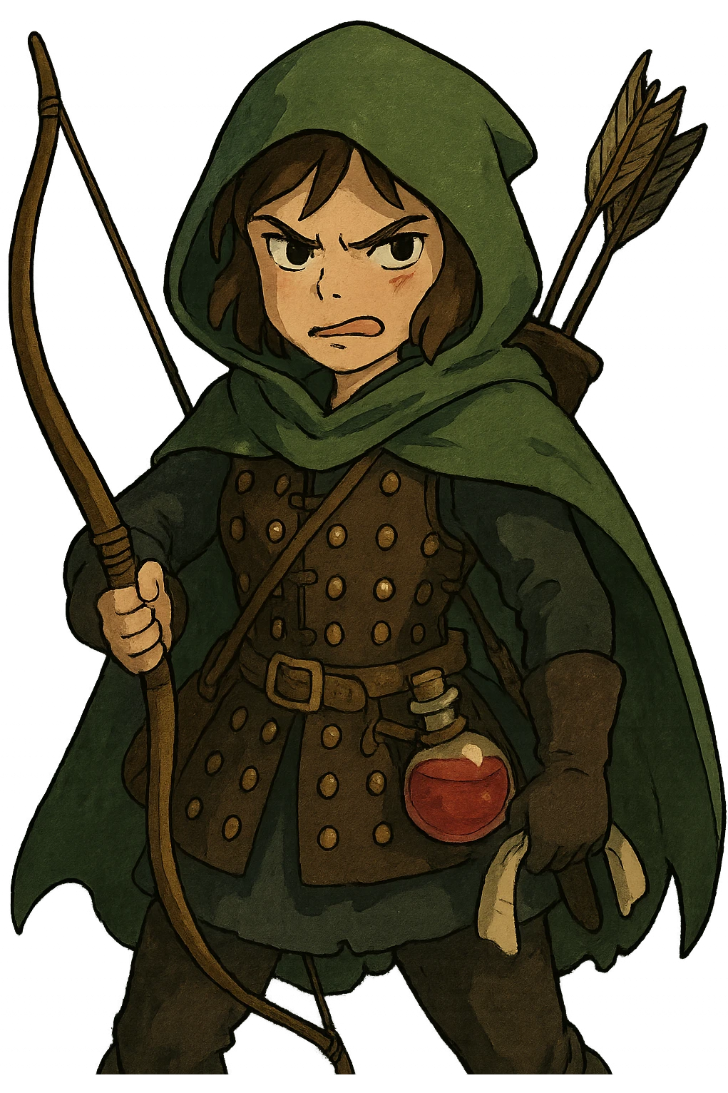 A female rouge , colored hood, wearing brigandine armor with, bow and arrow at the ready, night time shadows, tool belt with red potion and bandages, mischievous frown,  anger emoji