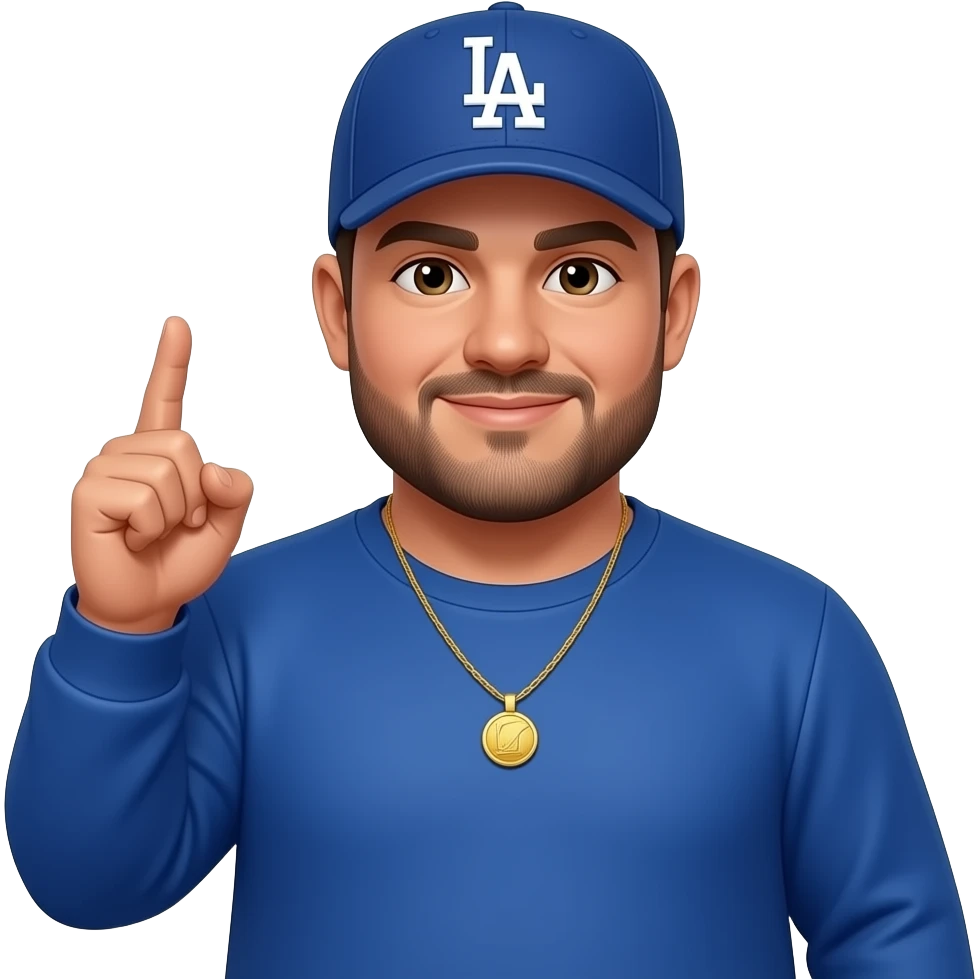 chubby man with a honey skin complextion with lightly shaved black beard wearing a blue Los Angeles Dodgers baseball cap wearing a long sleeve blue shirt wearing a gold tennis necklace making fingers a gun emoji