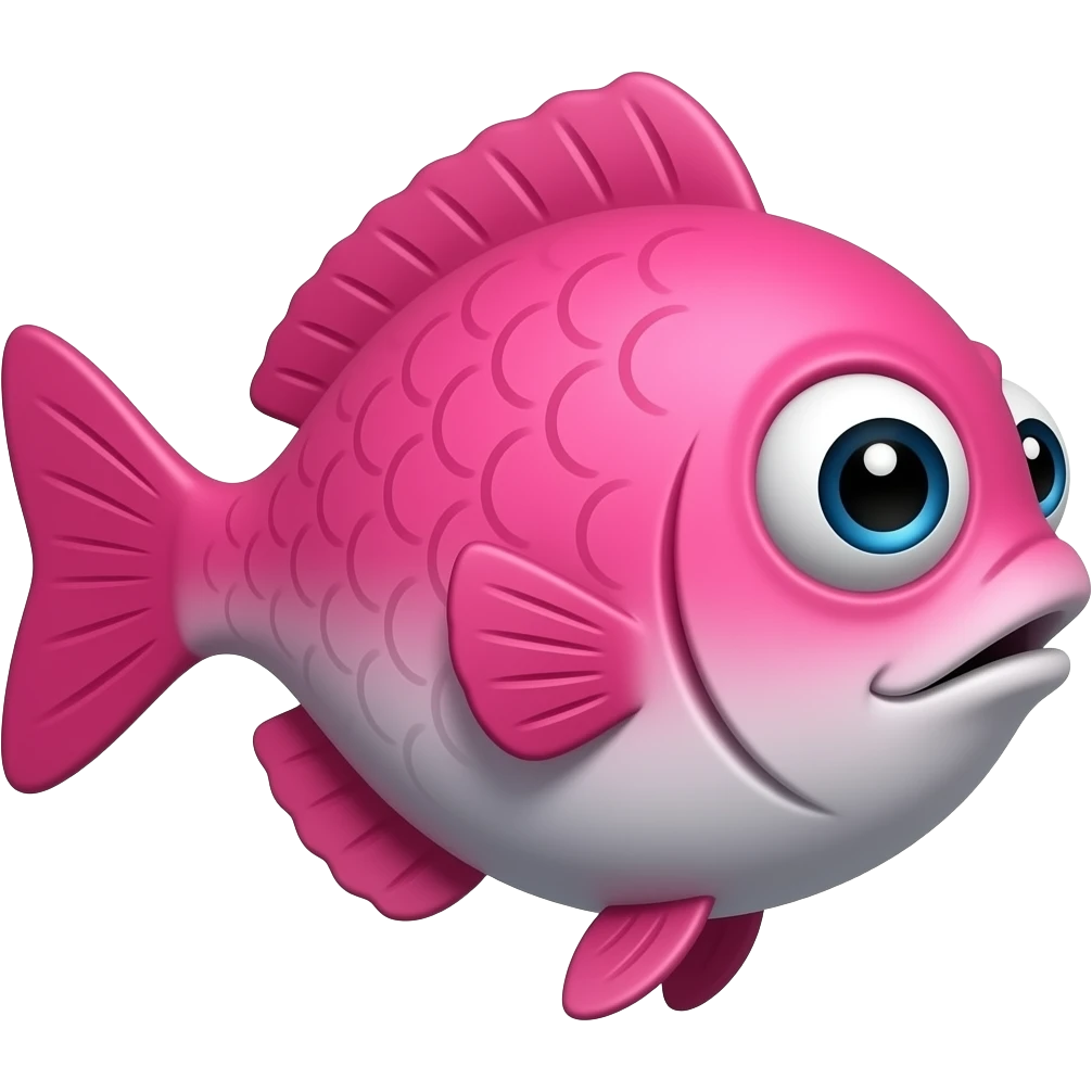 extremely derpy bright pink fish in perfect side profile facing right, but with both googly eyes comically visible and looking at viewer, stupid expression, flat 2D side view, very silly and goofy emoji