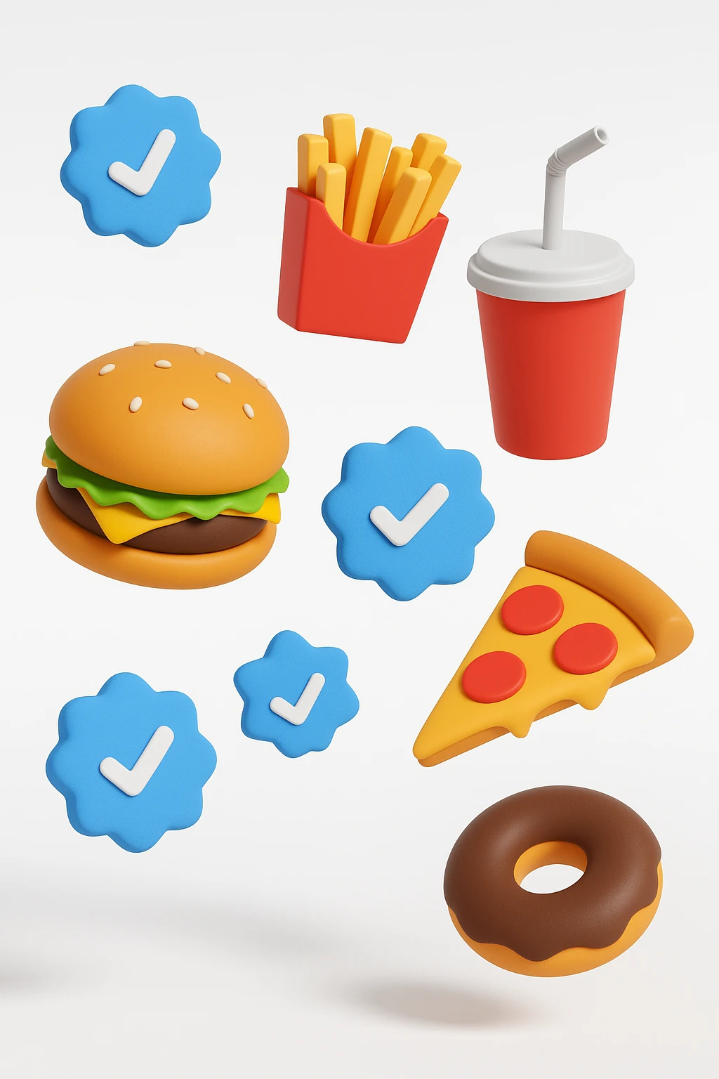 fast food fluttua in aria insieme a spunte di verificato in 3d, sfondo bianco emoji