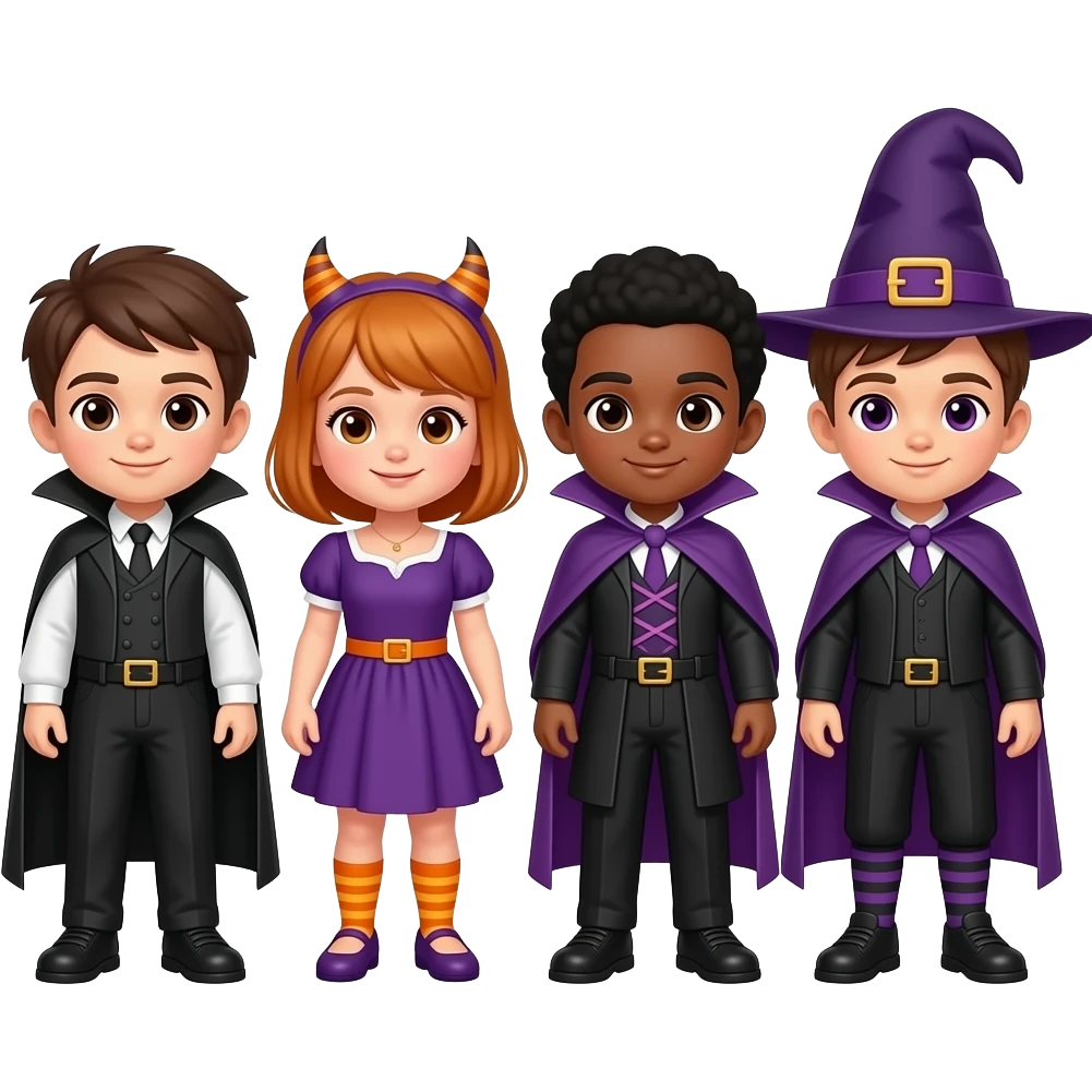 Halloween 4 kids of different races dressed up a in different costumes emoji