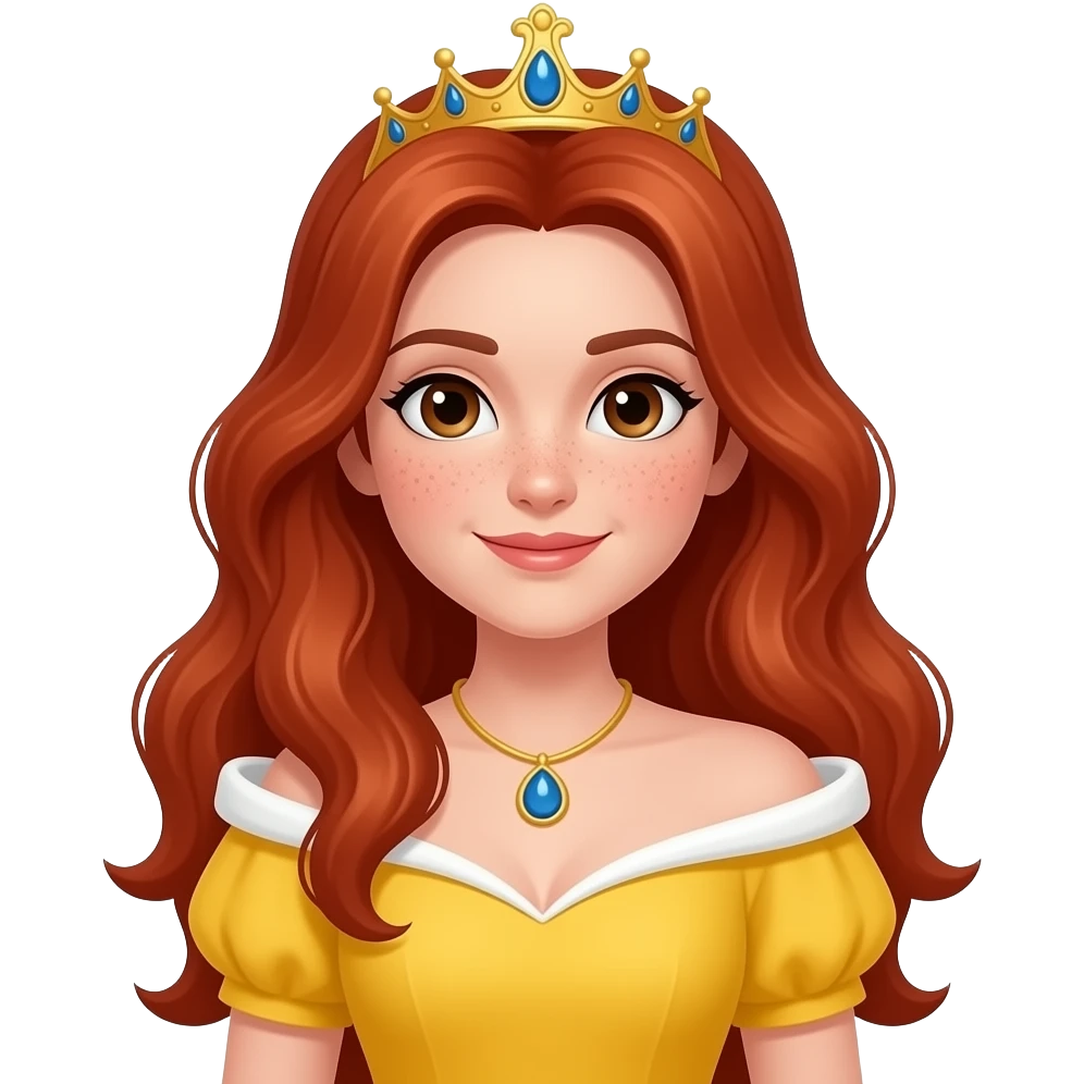 yellow dress dark brown eyes Long red head queen with a little freckles emoji