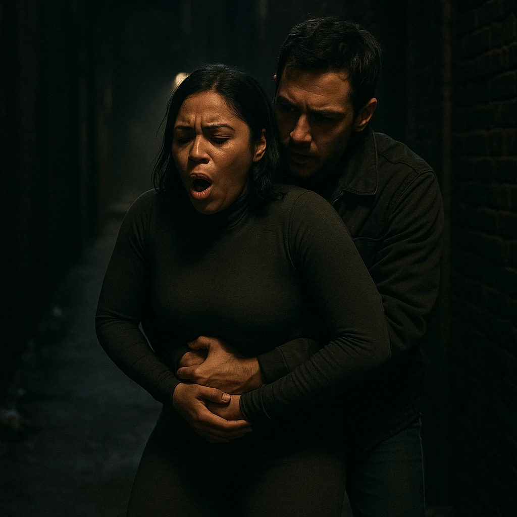 caught by a man performing a Heimlich maneuver on her in the dark alleyway, skintone thick skintight bodysuit, medium skin emoji