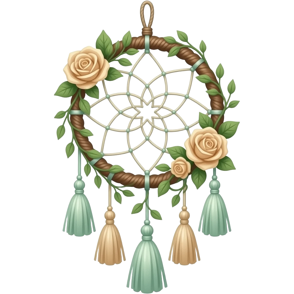 Hippie-like Cute dainty neat Pastel Green-white-brownish-beige-gradients thread-rope-hanging dreamcatcher, pastel colors, whitish, light, green academia aesthetic, mossy, with green vines and beige roses, Cottagecore, Princesscore, shiny glistening, vintage, tassels emoji