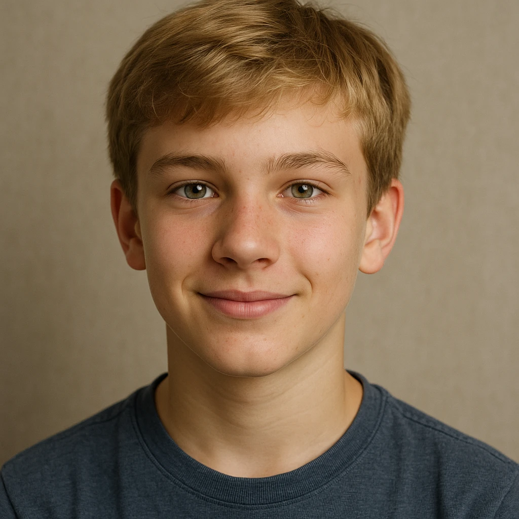 retrato realista de un chico de 13 años, pelo rubio, ojos verdes, expresión amigable, fondo neutro emoji