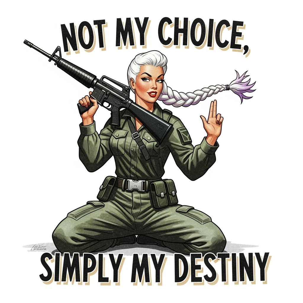 a retro military pinup fuselage decoration for the motto " not my choice, simply my destiny "
the female figure in the pinup image wears a single white braid with lavender tips, breaching, m16, "move" handsignal emoji