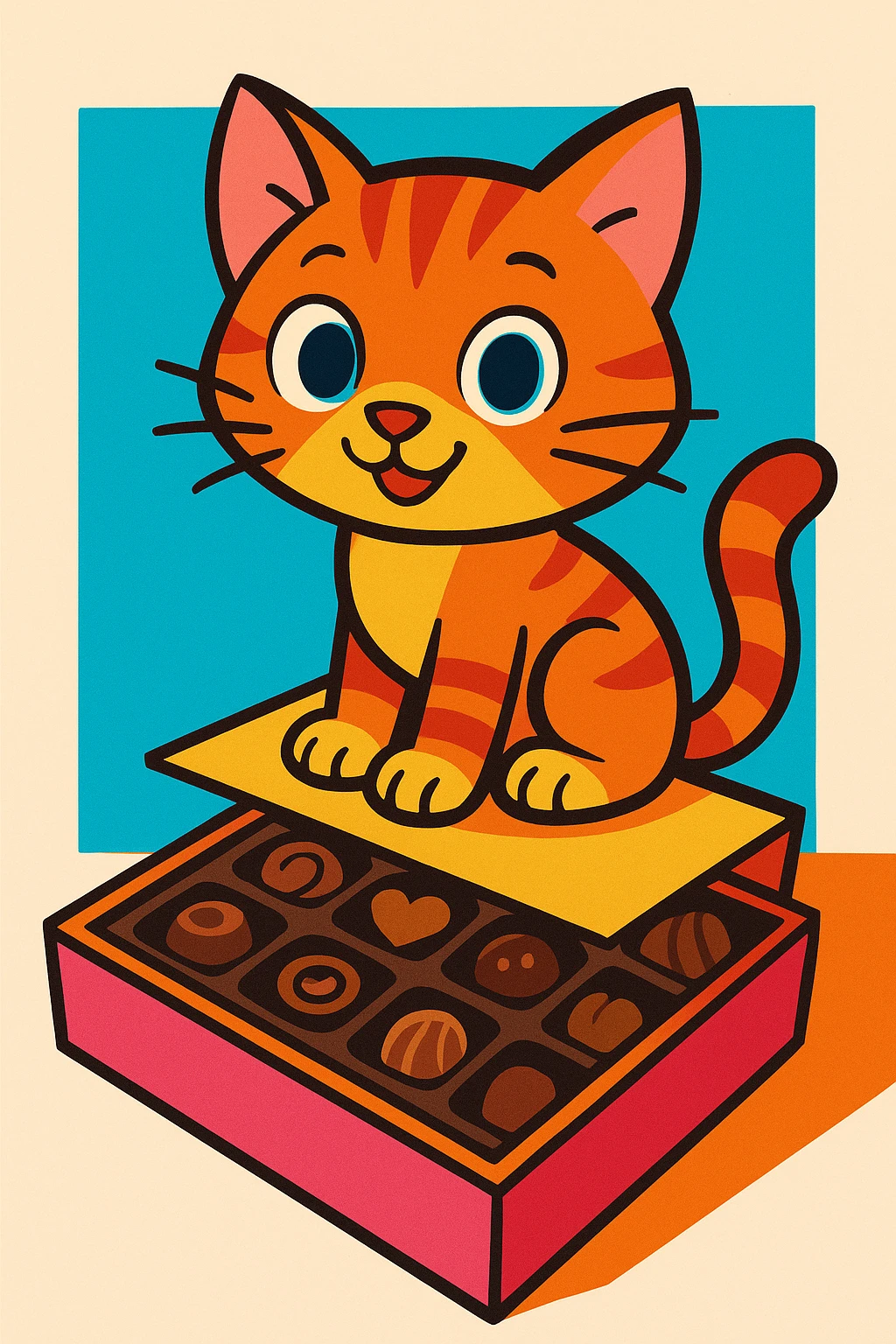 colorful cartoon style animated kitten sitting on a box of chocolates emoji
