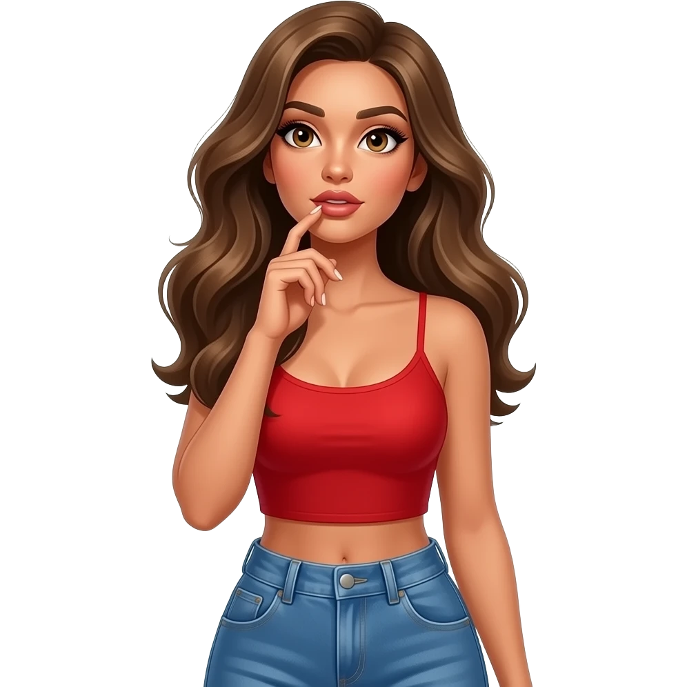 Fingers on lips and thinking looking up woman with tan glowy skin, hazel eyes almond with long lashes,, full lips, dark blonde flowing hair, delicate feminine sexy features, wearing a red crop top and blue low waist jeans, confident and femenine and glam makeup. Intense seductive look. REALISTIC emoji