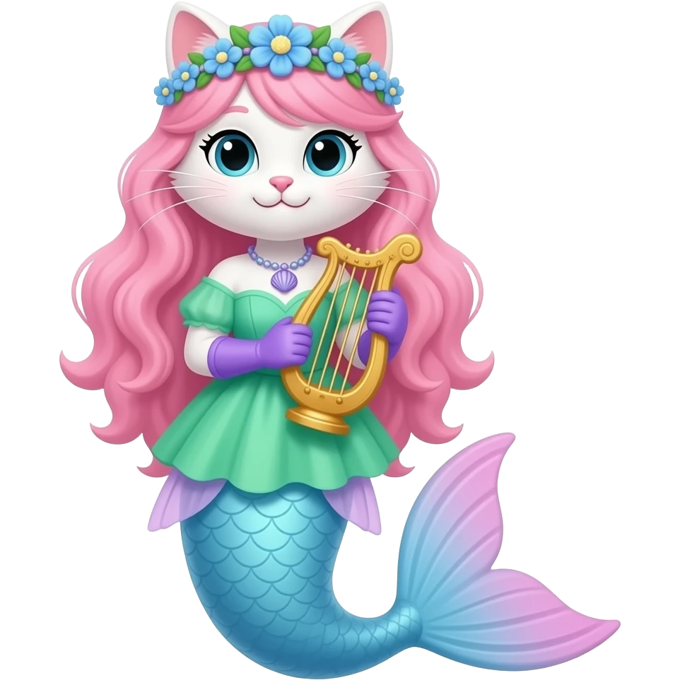 white cat with pink hair blue flower crown with light purple shell necklace green dress attached to light blue mermaid tail with pink fins purple gloves holding a golden harp artistic creation, beautiful art emoji
