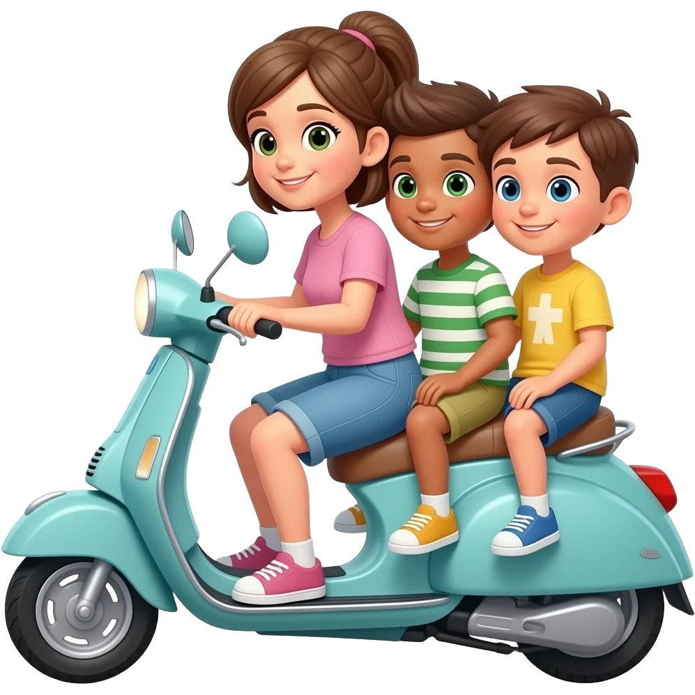 one girl driving scooty and 2 boys with her emoji
